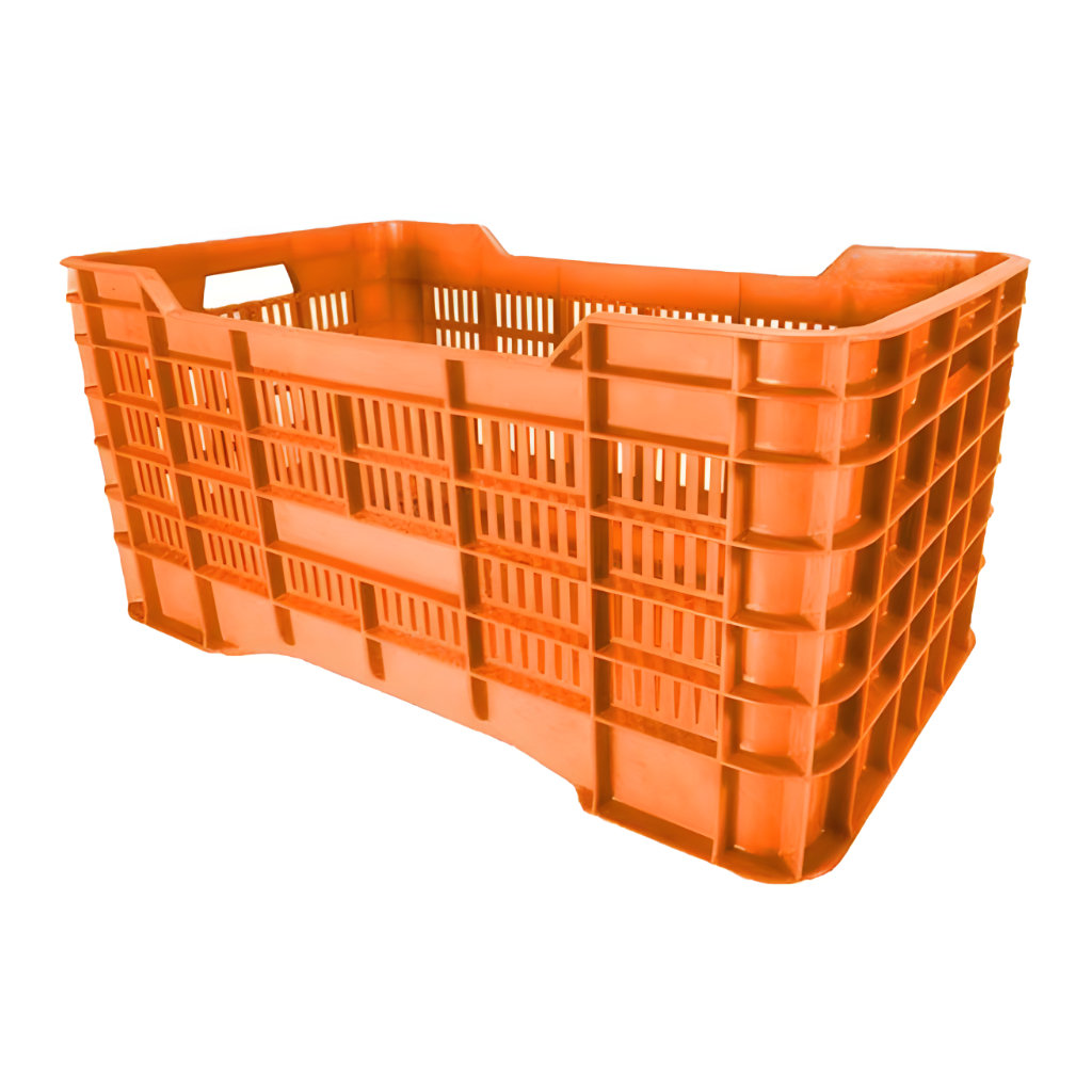 Caja Gigante calada naranja, 73 x 42.5 x 35 cm, capacidad 70 kg, paredes caladas y piso reforzado para agrícola y acuícola.