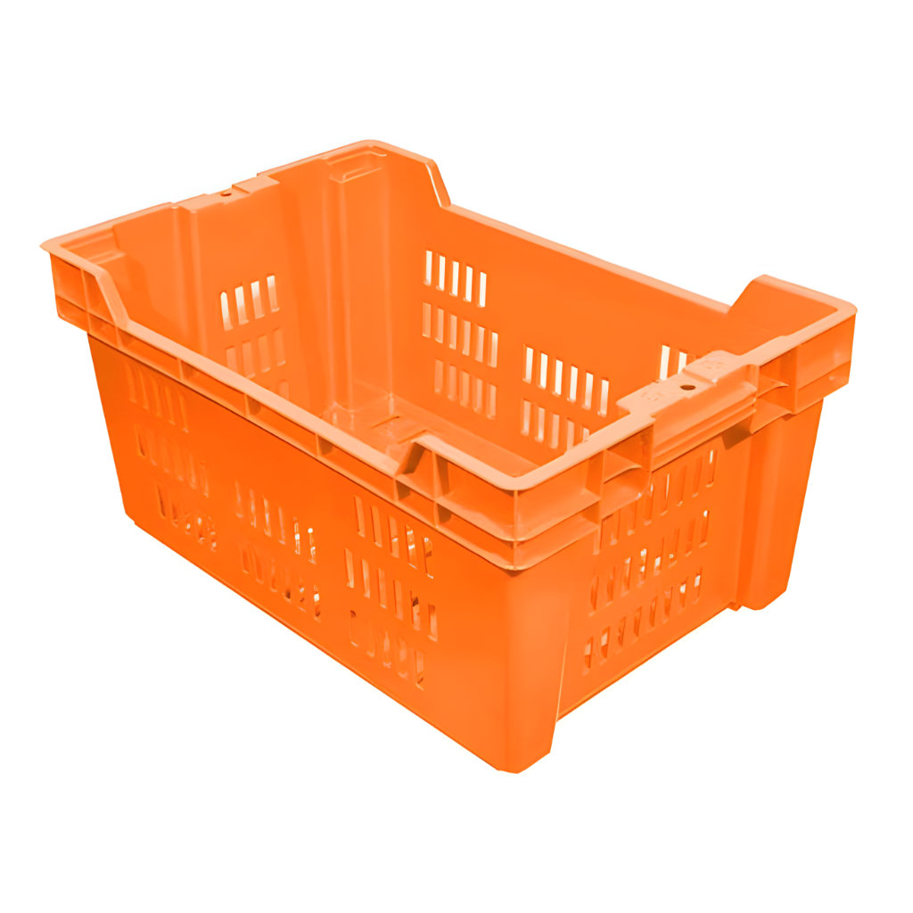 Caja Ontario calada naranja, 60 x 40 x 28 cm, capacidad 30–35 kg, anidable y apilable, ventilada para frutas, hortalizas y alimentos.