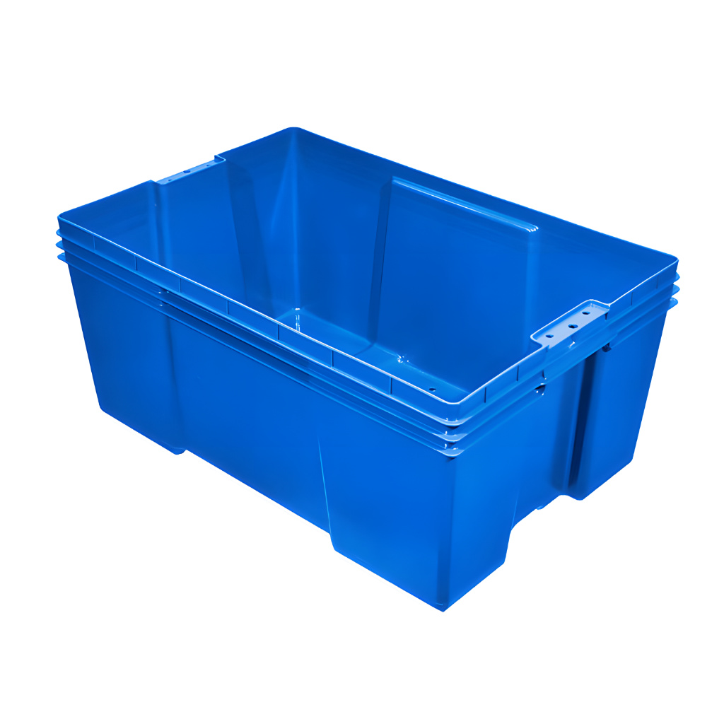 Caja plástica industrial Montreal 28 color azul, almacén, logística y distribución.