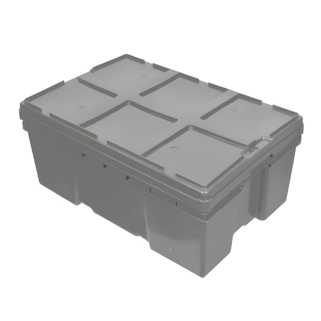 Caja plástica industrial Montreal 28 gris con tapa, almacenamiento seguro y logística industrial.