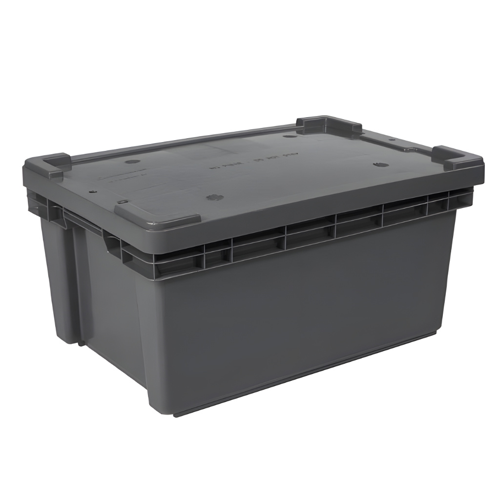 Caja plástica Toronto cerrada gris con tapa, almacén, resguardo de materiales industriales.