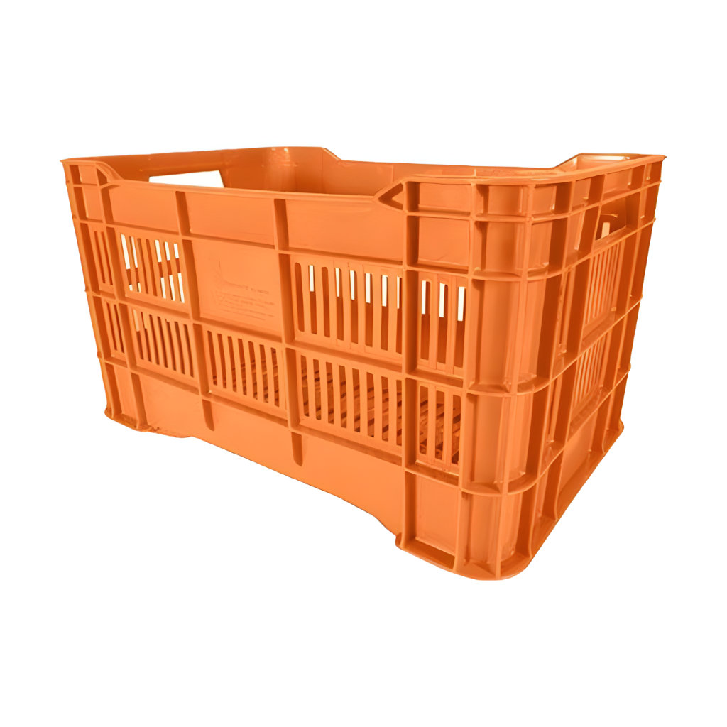 Caja plástica agrícola Walterino calada naranja, 51 x 33 x 28.5 cm, capacidad 25–30 kg, ventilada para mango, limón y otras frutas de exportación.