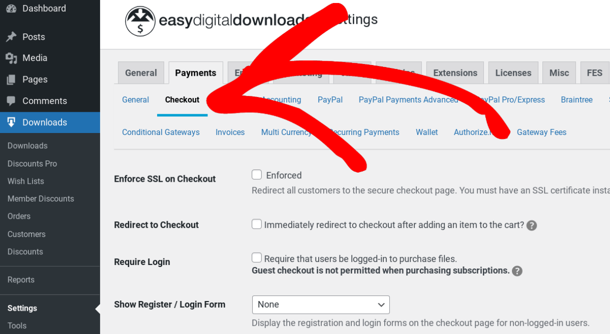 edd-payments-checkout – Easy Digital Downloads The Checkout settings in Easy Digital Downloads.