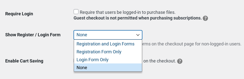show-register-login-form – Easy Digital Downloads The EDD Show Register/Login Form setting.