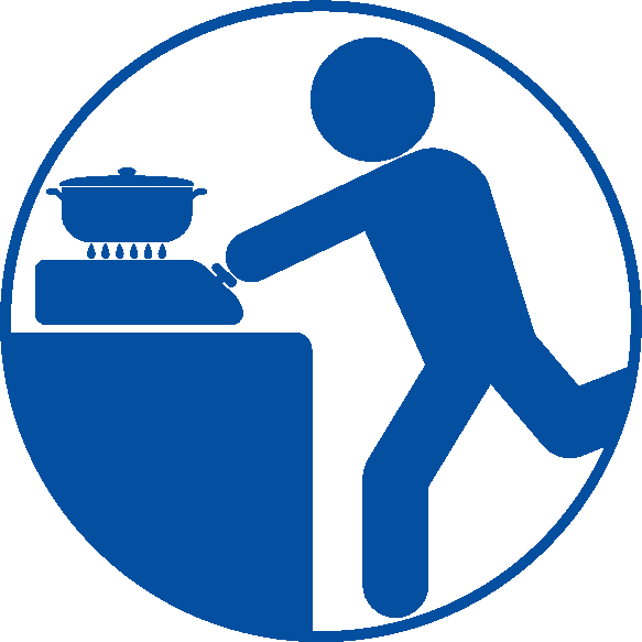 身の安全を確保してから、あわてず素早く火元確認のピクトグラム