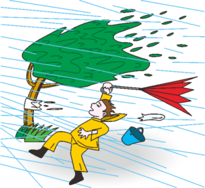 カサが役に立たず、立ってもいられないほどの強風