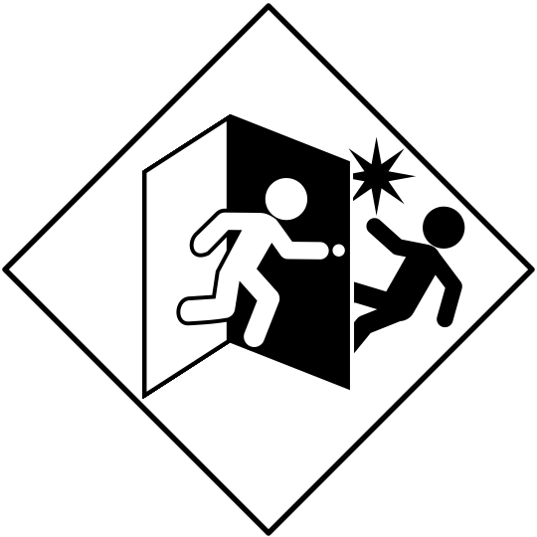 ドアを急に押して開けると危険「注意喚起サイン」のイラスト・白ベタに黒枠線、図は黒