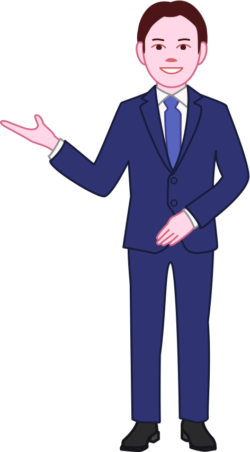 どうぞ 右手を上げて「どうぞ」と訪問客を案内している男性社員のイラスト