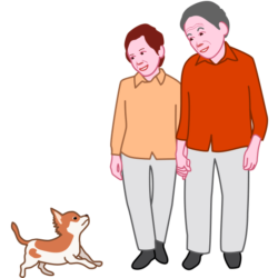 老夫婦 可愛い小犬と老夫婦のイラスト