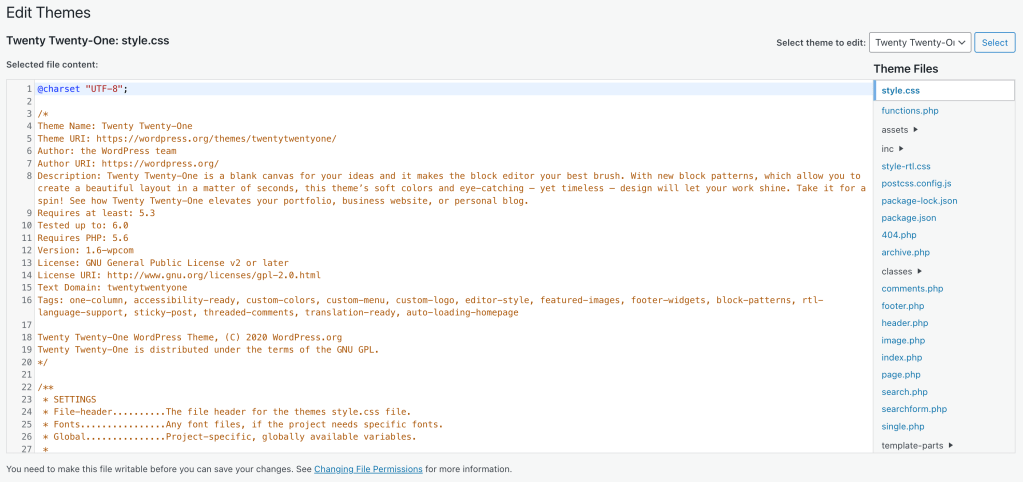 Captura de pantalla del Editor de archivos de temas, que muestra el archivo style.css del tema Twenty Twenty-One.