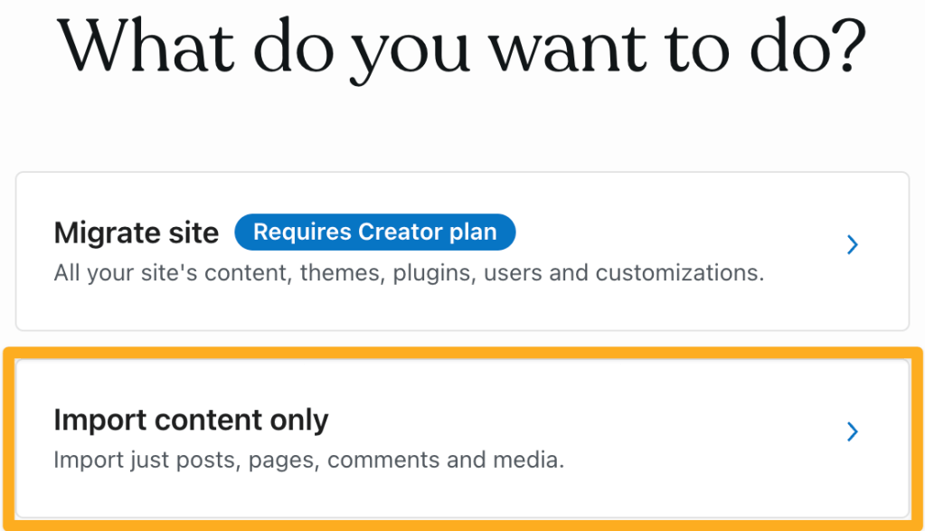 "무엇을 하시겠습니까?" 화면의 "콘텐츠만 가져오기" 옵션 주위에 그려진 상자.