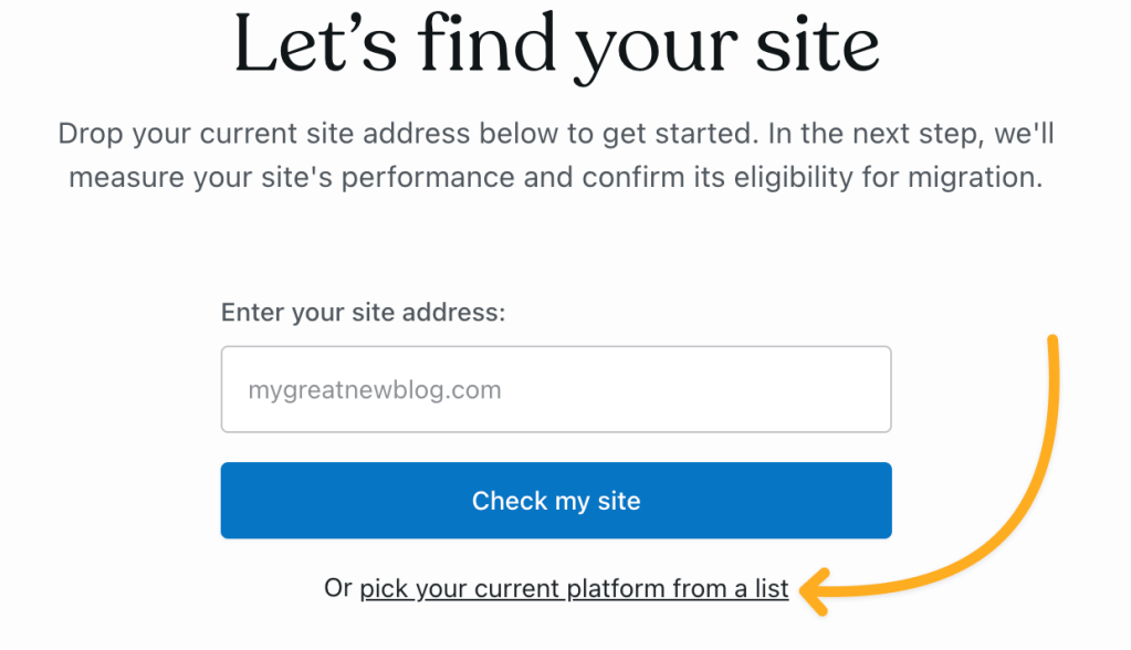 "목록에서 현재 플랫폼 선택"이라는 레이블이 붙은 링크를 가리키는 화살표.