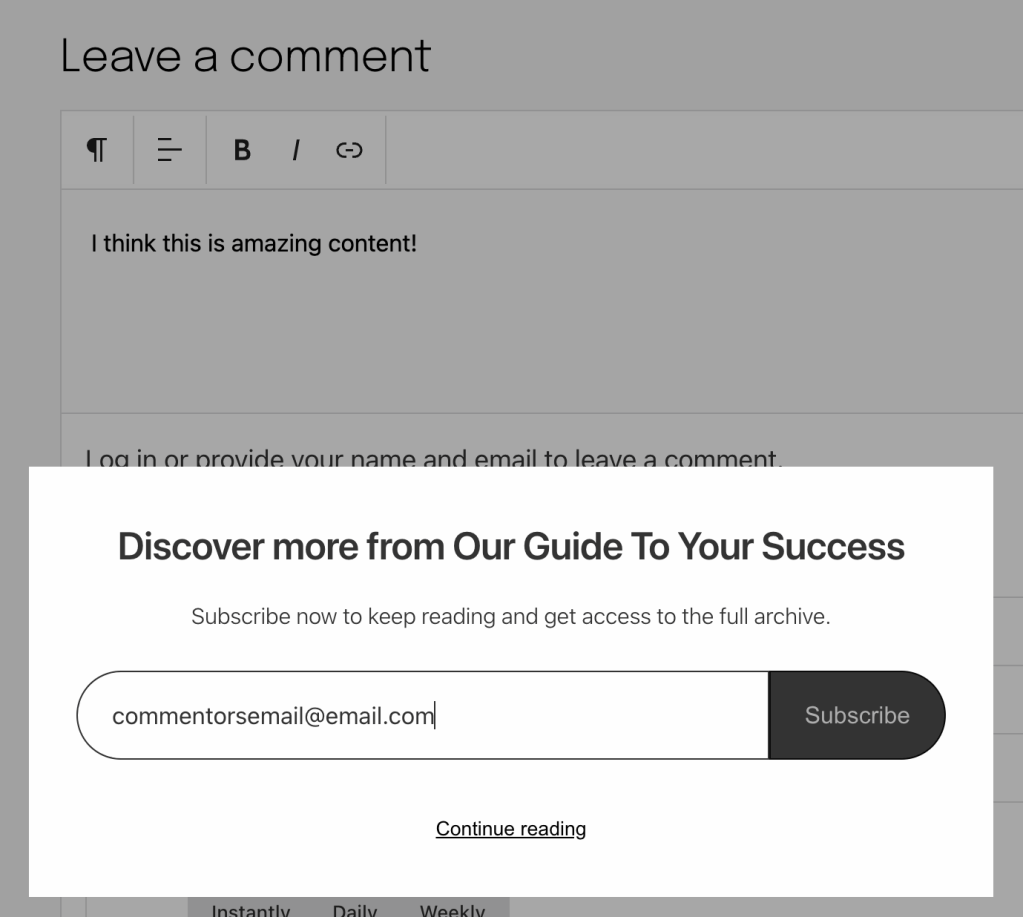 דוגמה לחלון קופת להרשמת מנויים שמופיע אחרי שמגיב שולח תגובה.