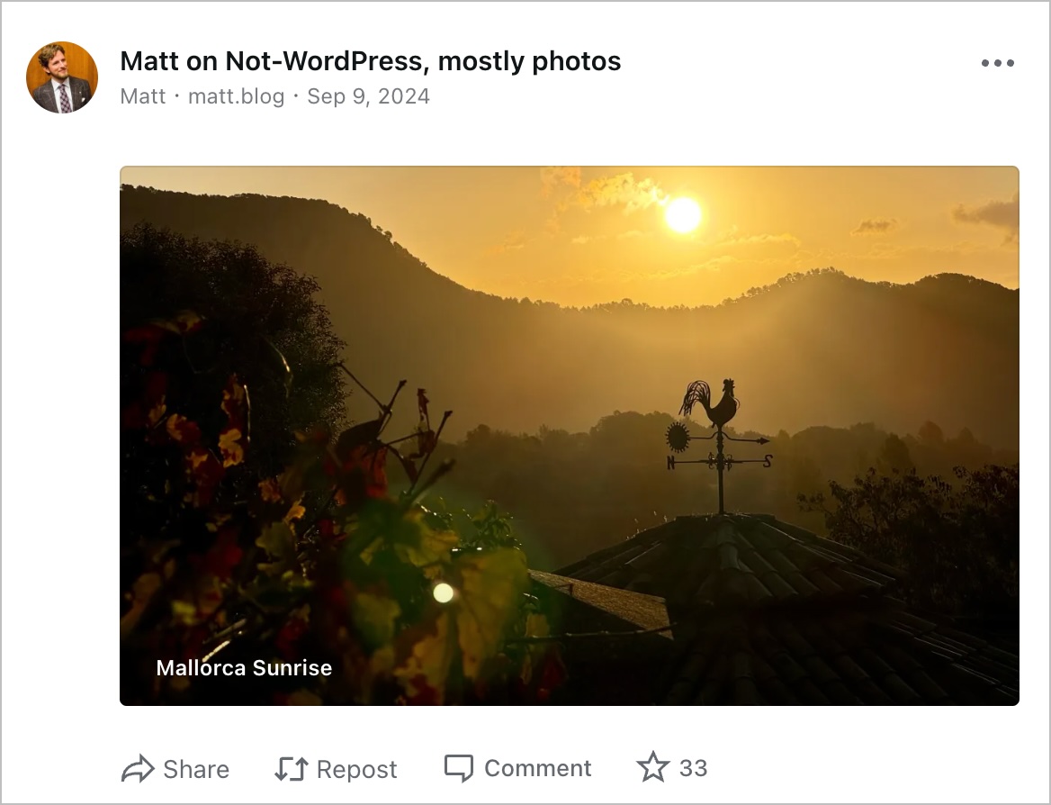 דוגמה של כרטיס 'תמונה' שמציג את צלמית המשתמש של המחבר, את שם המחבר, פרטי הפוסט ותמונה מתוך הפוסט עם האפשרויות לשתף, לפרסם מחדש ולסמן לייק.