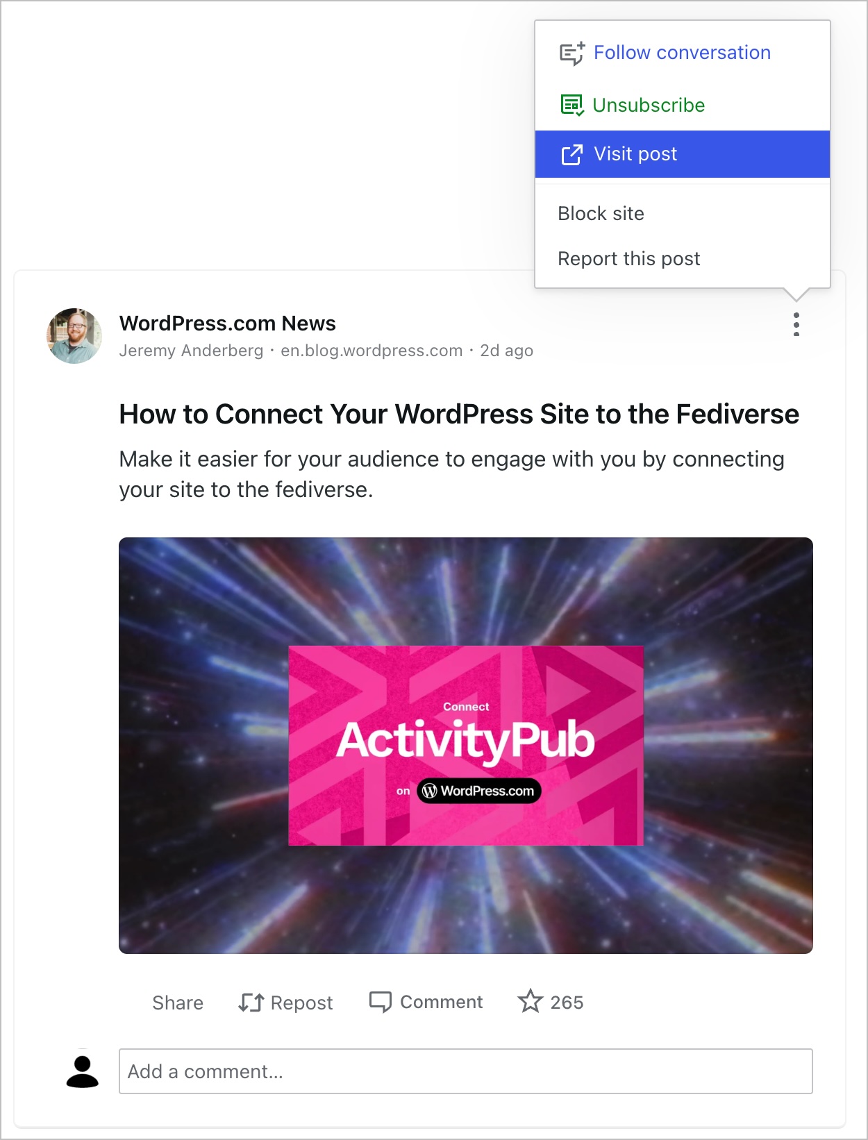 התפריט של שלוש הנקודות מורחב והאפשרות 'לבקר בפוסט' מודגשת.