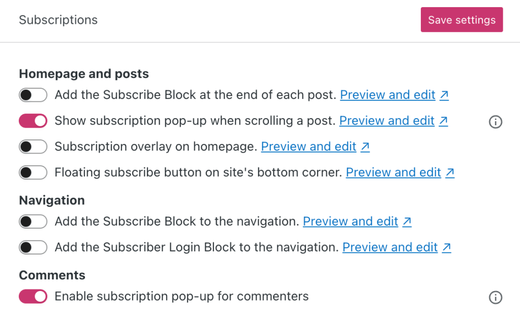 המקטע 'מינויים' בעמוד 'ניהול ניוזלטרים' מציג את המיקומים השונים שבהם תופיע אפשרות ההרשמה לעדכונים.