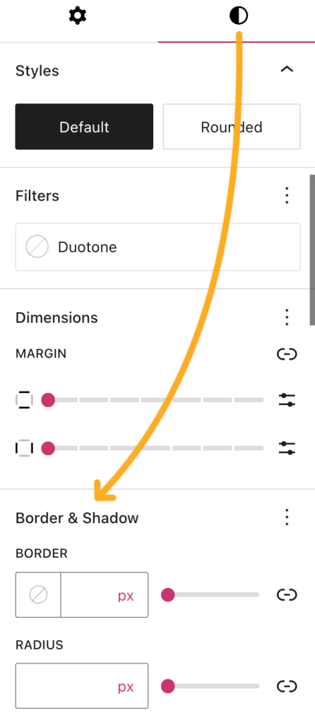 An arrow pointing from the "Styles" icon in Block Settings to the "Border & Shadow" section.