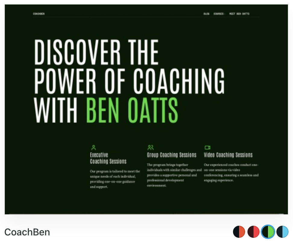 Three of four different style variations for a theme named CoachBen. The colors and fonts change with each variation.