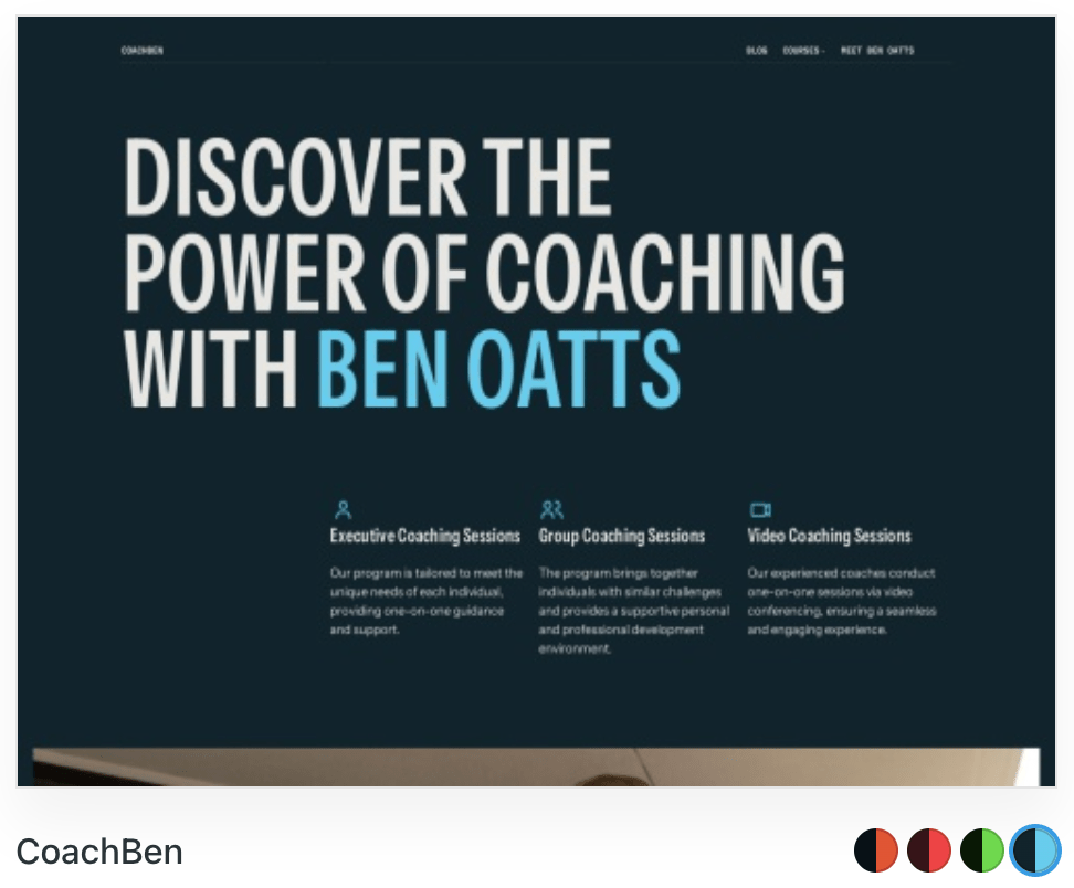 Three of four different style variations for a theme named CoachBen. The colors and fonts change with each variation.