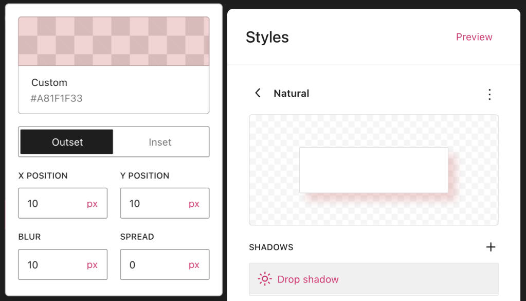 Styles showing the effect of adding shadow.