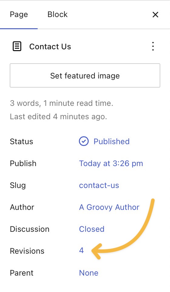 An arrow pointing to the number of revisions of a page on the Page Settings sidebar.
