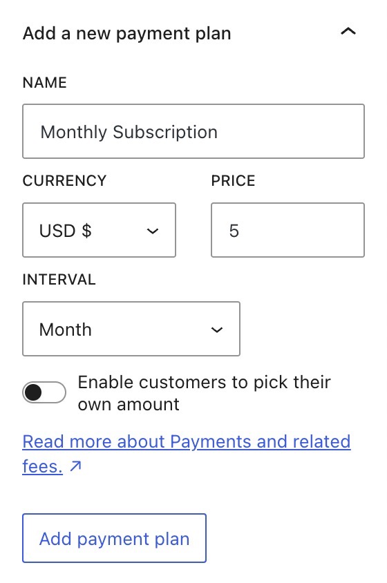 המקטע 'להוסיף תוכנית תשלומים חדשה' בסרגל הצדי של הגדרות הבלוק.