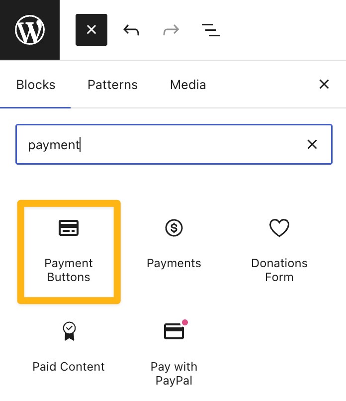 תמונה של + 'מוסיף הבלוקים כשהוא פתוח, והמילה 'תשלומים' מוצגת בשדה החיפוש עם תיבה מסביב לבלוק 'כפתורי תשלומים'.