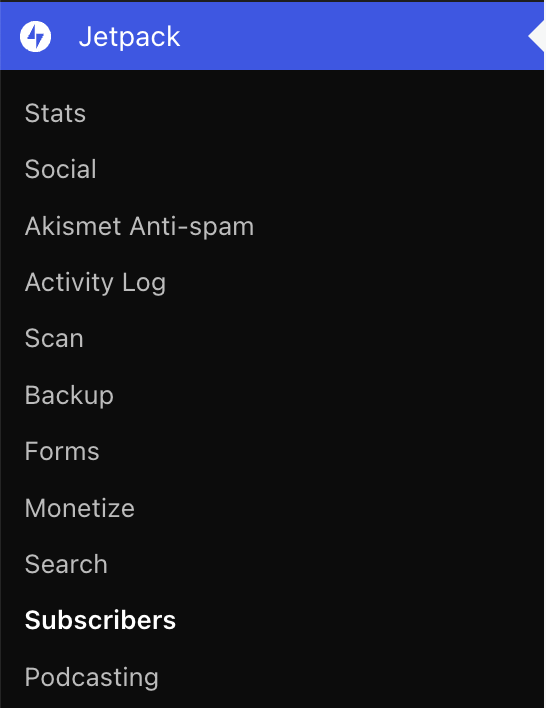 The Jetpack menu, with Subscribers highlighted.