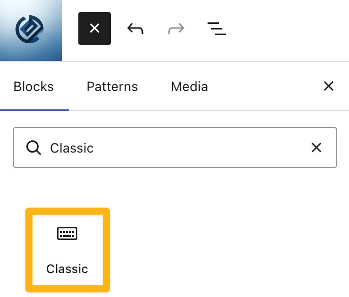 A box drawn around the Classic block icon.