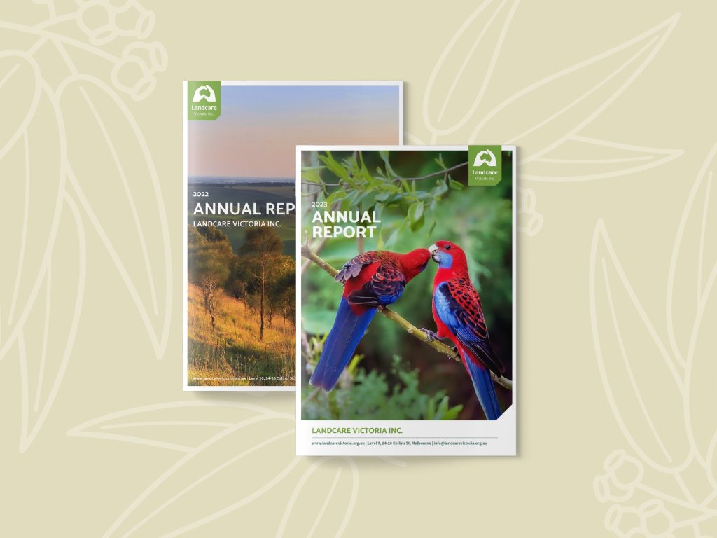 Stacked covers of Landcare Victoria 2022 and 2023 Annual Reports with landscape photo and crimson rosellas, designed by annual report design agency, on patterned light beige background.