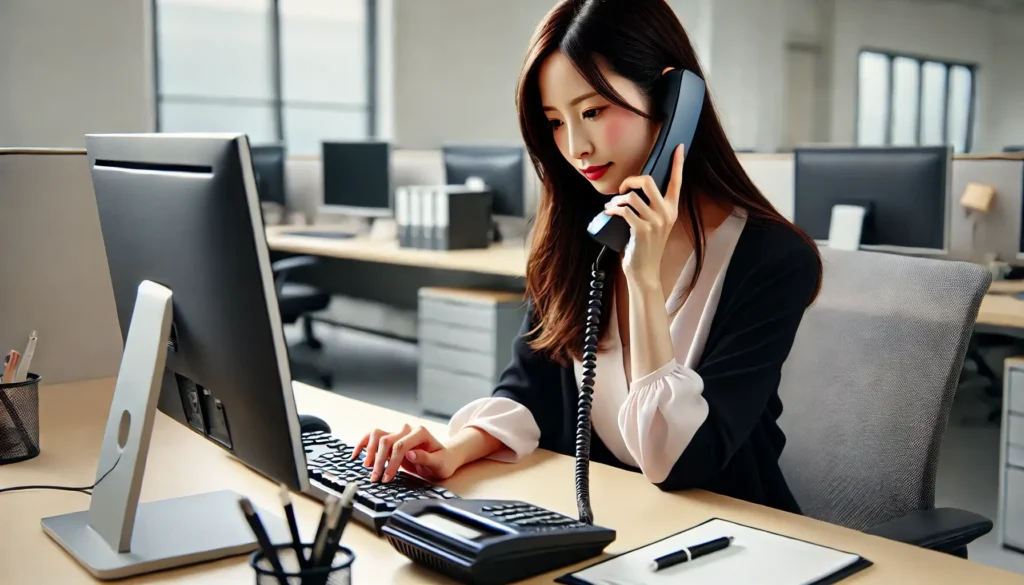 ファストファクタリングで取引先に電話をかけようとする女性