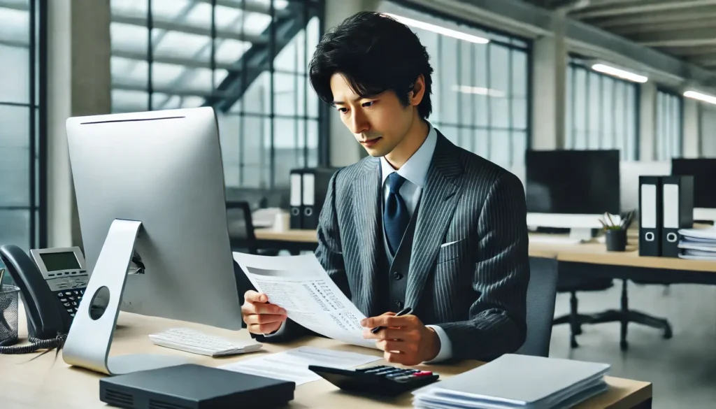 ファクタリングの請求書を調べている男性