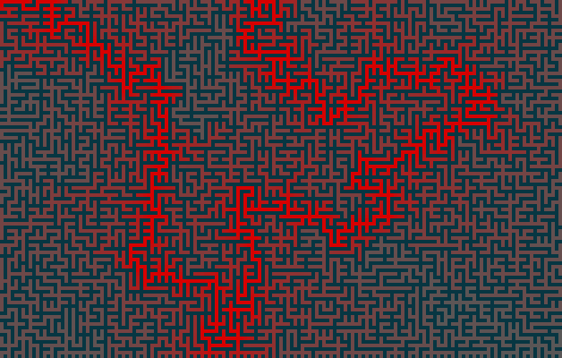 Maze with shading based on distance from the solution using Kruskal's algorithm Maze with shading based on distance from the solution using Kruskal's algorithm