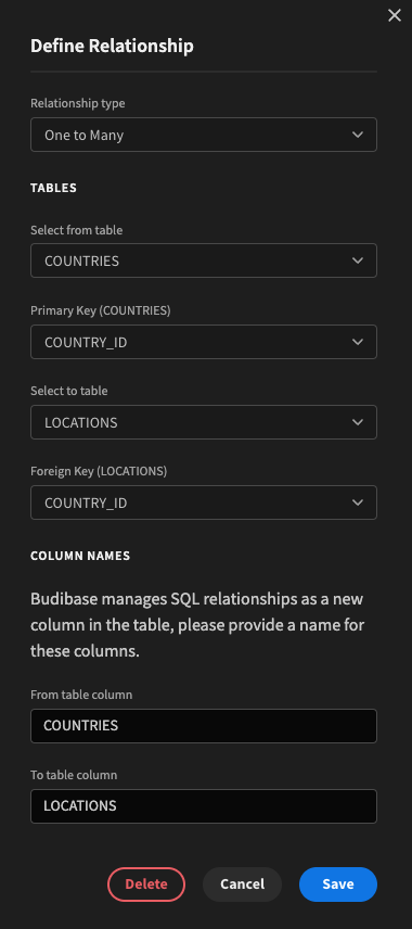 Example relationship: One Country -> Many Locations