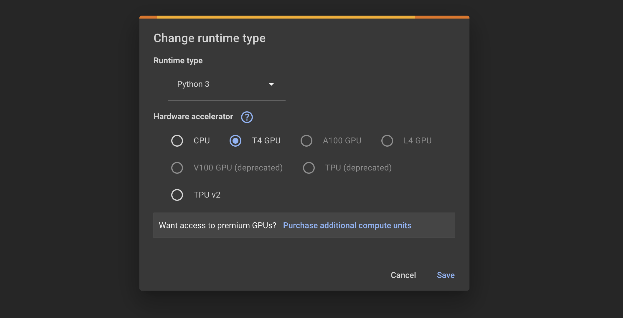 Google colab notebook change runtime type