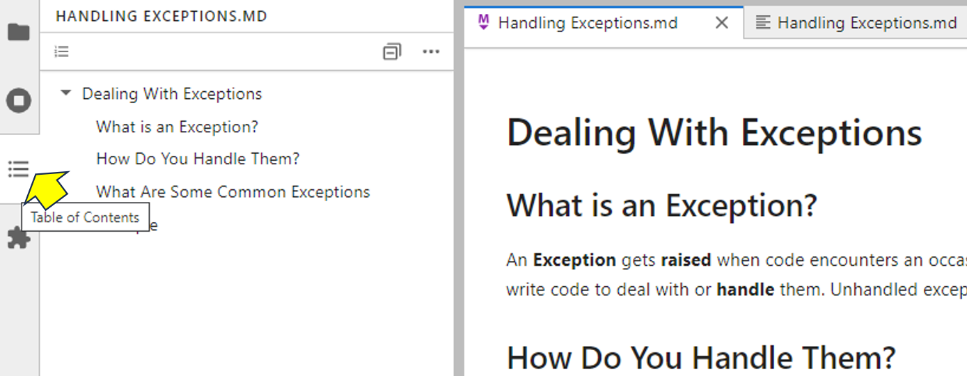 a table of contents for a markdown file