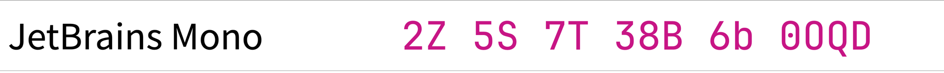 Screenshot of JetBrains Mono showing characters: 2Z 5S 38B 6b 0OQD