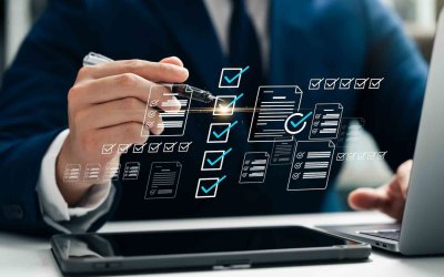 Business performance checklist and tracking, Take online digital form checklist surveys. Digital checklist and workflow validation on tablet, representing structured processes and compliance.