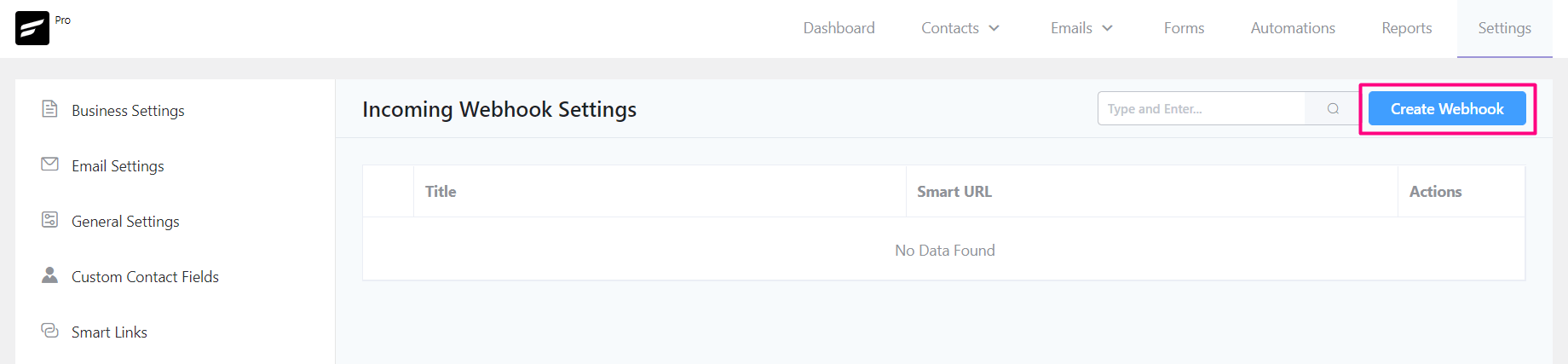 crm create incoming webhook
