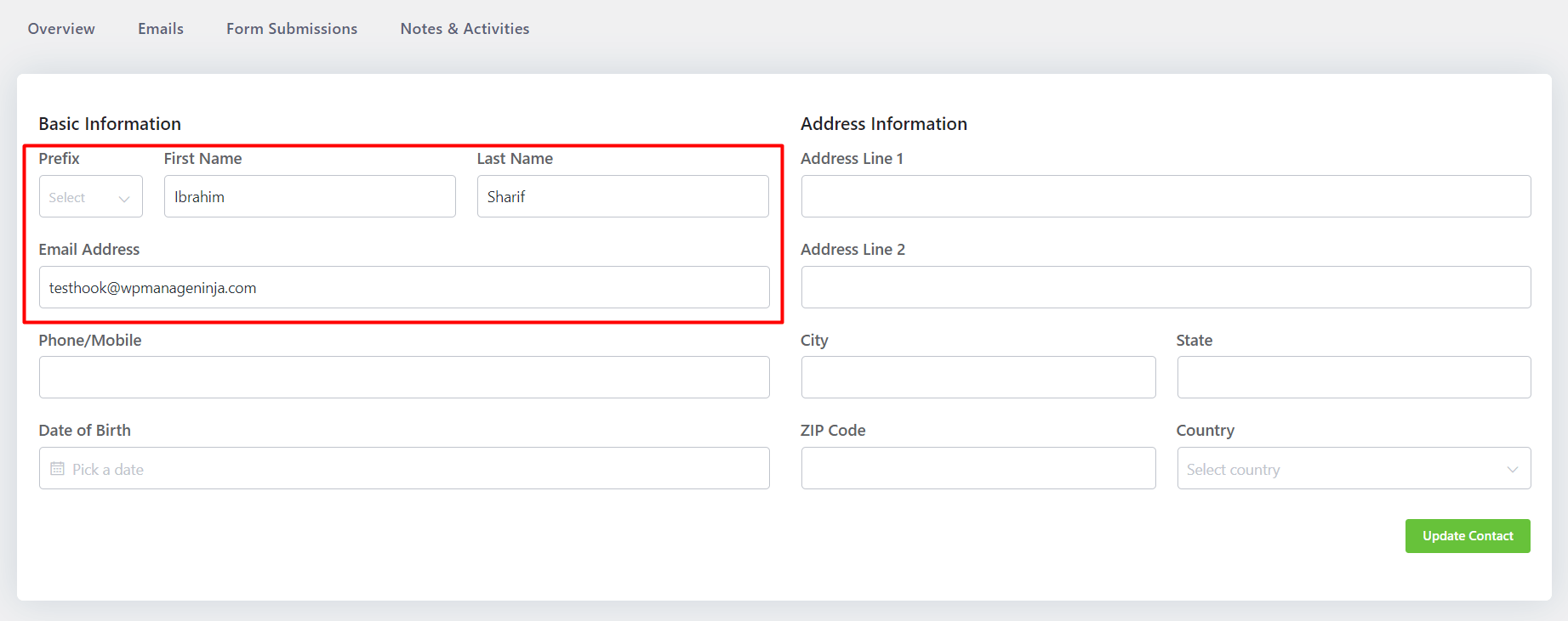 crm form webhook contact overview