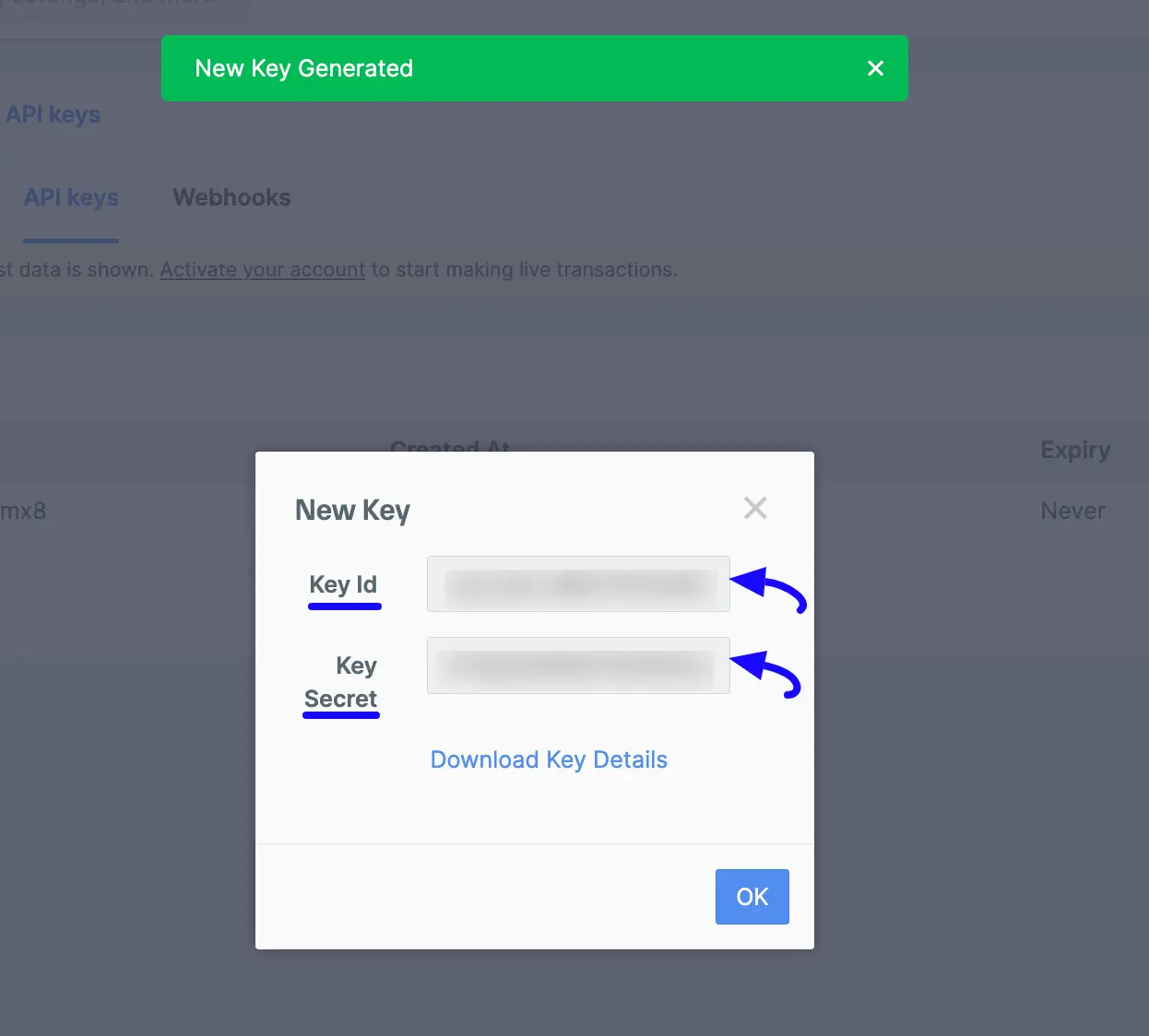 5. Copy Key ID and Key Secret 48160