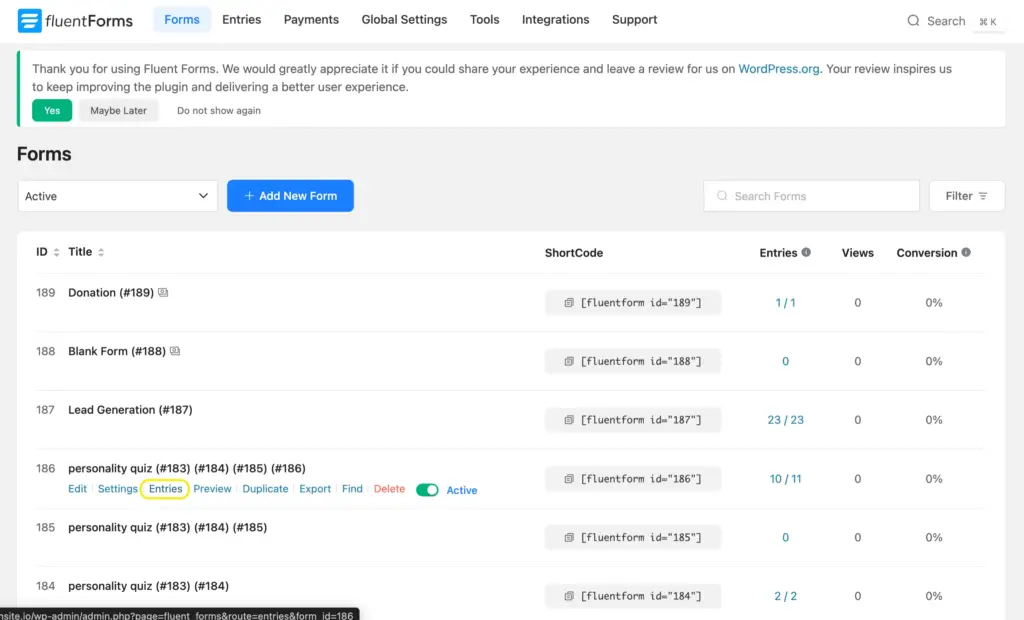 navigation to individual form's entries