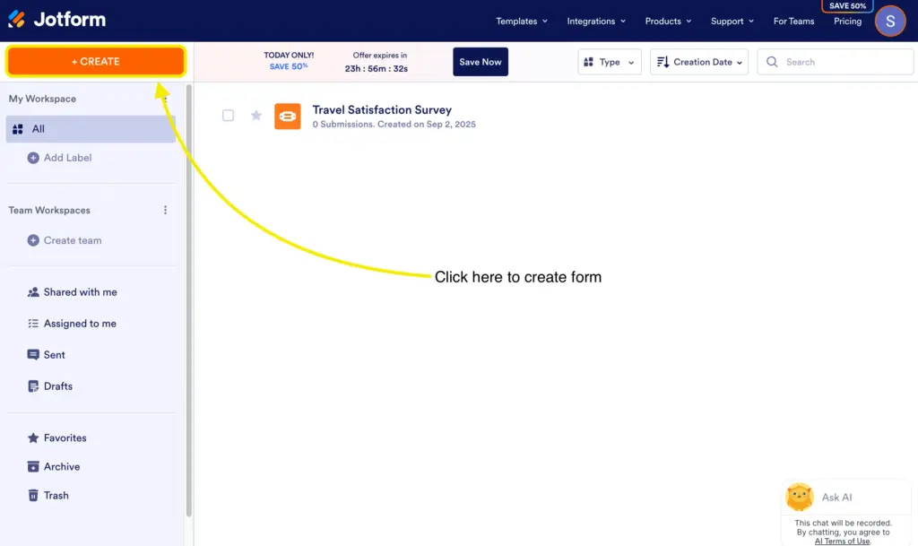 Create form using jot form