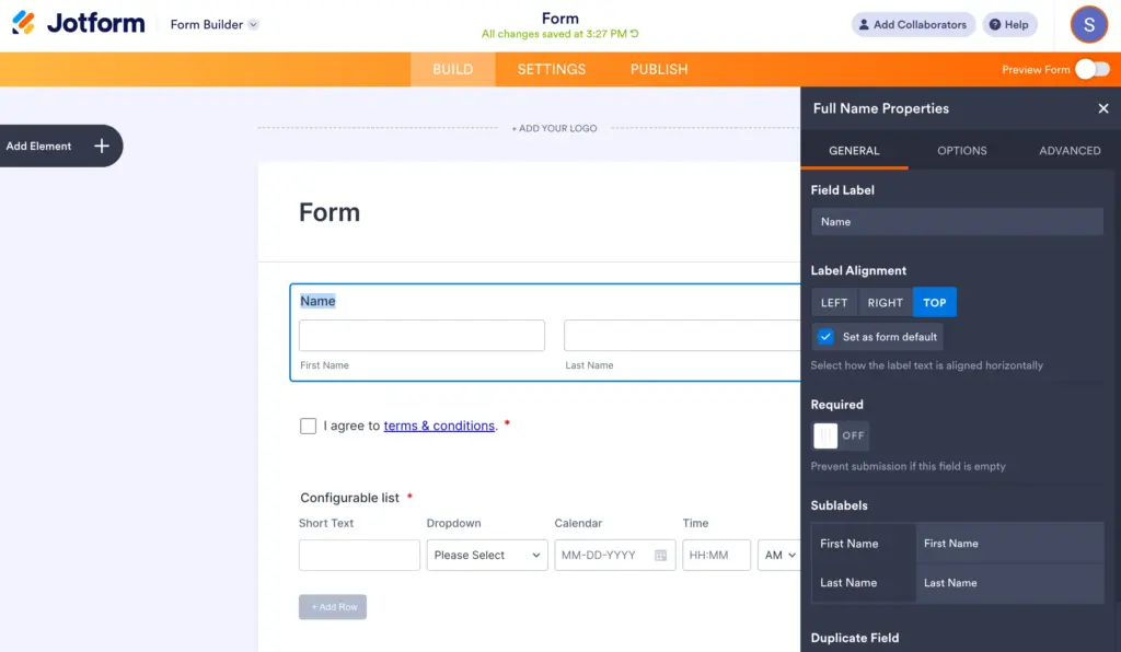 Field settings Jotform