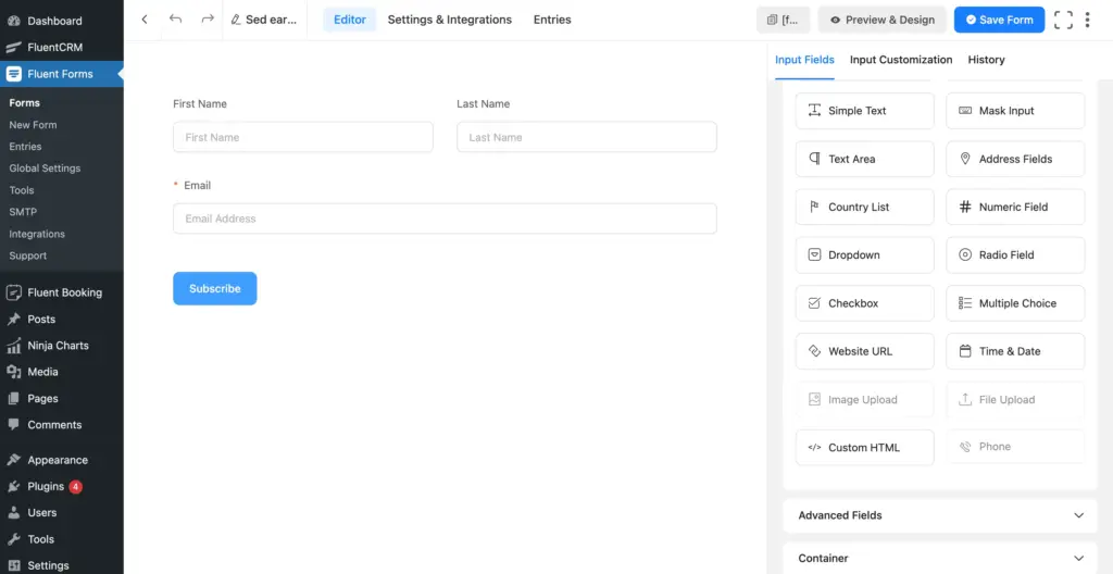 Fluent Forms Form editor tab