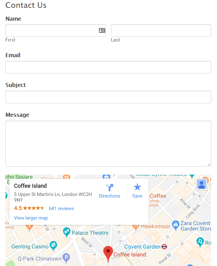 Another contact form example with Name, Email, Subject, and Message fields, paired with an embedded Google Maps location for Coffee Island in London.