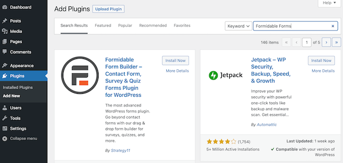 WordPress plugin dashboard with Formidable Form Builder displayed. Options to install plugins like Formidable Forms and Jetpack are visible, with search input showing "Formidable Forms" as the keyword.