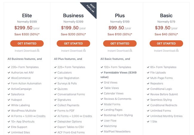 Formidable Forms pricing comparison
