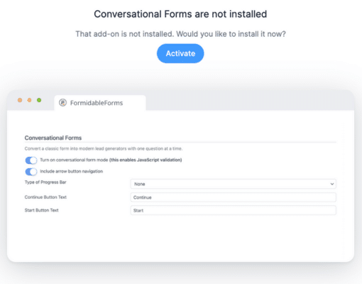 Formidable's conversational forms activation button with an example conversational form settings