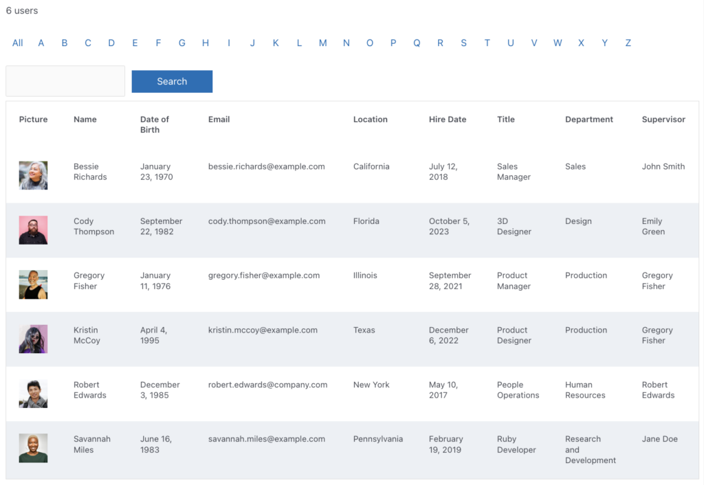 WordPress Table Plugin Formidable Forms Staff Directory Template